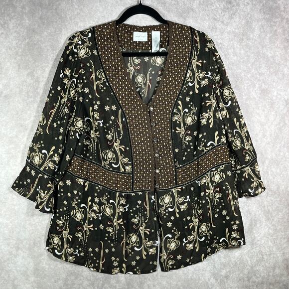 Emma James Blouse Womens 18W Brown Floral‎ Button Front Boho Peasant Fairy Light - Picture 1 of 8